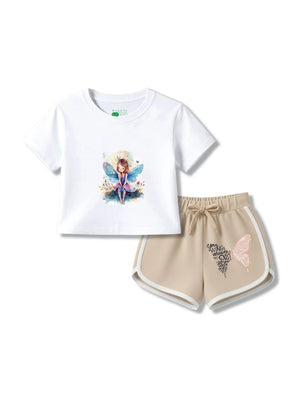 Bambify Girls Travel Holiday Crop Top & Shorts Set ‚ Angel White & Beige Bamboo Cotton Bambify India White 3-4 Years bamboo cotton kids clothing India