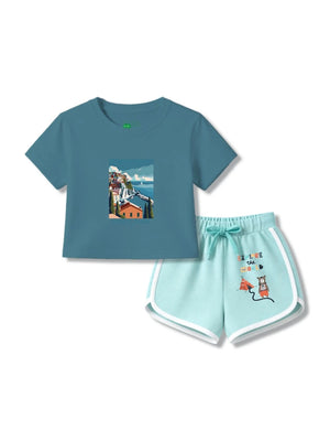 Bambify Skin Safe Girls Shorts & Crop Tshirt Set ‚ Italy Dusty Blue & Light Blue Hypoallergenic Bamboo Bambify India Dusty Blue 3-4 Years bamboo cotton kids clothing India