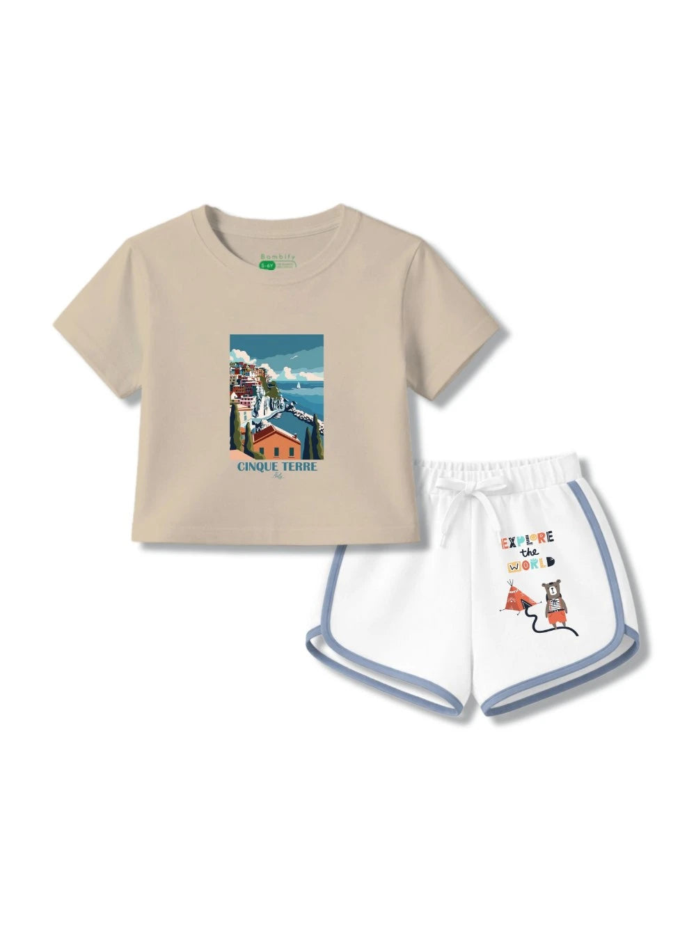 Bambify Eco Friendly Girls Shorts & Crop Tshirt Set ‚ Italy Beige & White Bamboo Cotton Bambify India Beige 3-4 Years bamboo cotton kids clothing India
