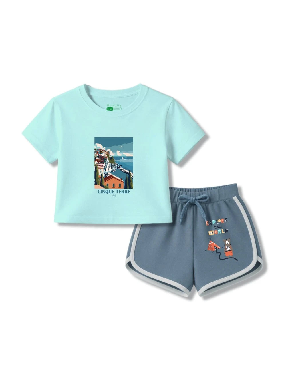 Bambify Girls Matching Shorts & Crop Tshirt Set ‚ Italy Light Blue & Dusty Blue Bamboo Cotton Bambify India Light Blue 3-4 Years bamboo cotton kids clothing India