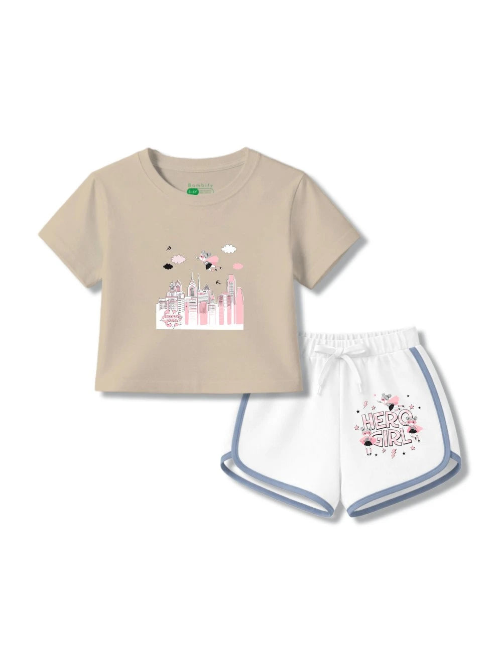 Bambify Stylish Girls Crop Set ‚ Super Girl Beige & White Bamboo Cotton Bambify India Beige 3-4 Years bamboo cotton kids clothing India
