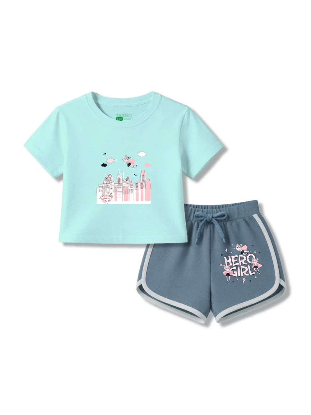 Bambify Girls Lounge Crop Set ‚ Super Girl Light Blue & Dusty Blue Bamboo Cotton Bambify India Light Blue 3-4 Years bamboo cotton kids clothing India