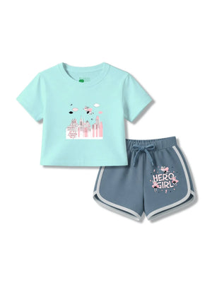 Bambify Girls Lounge Crop Set ‚ Super Girl Light Blue & Dusty Blue Bamboo Cotton Bambify India Light Blue 3-4 Years bamboo cotton kids clothing India