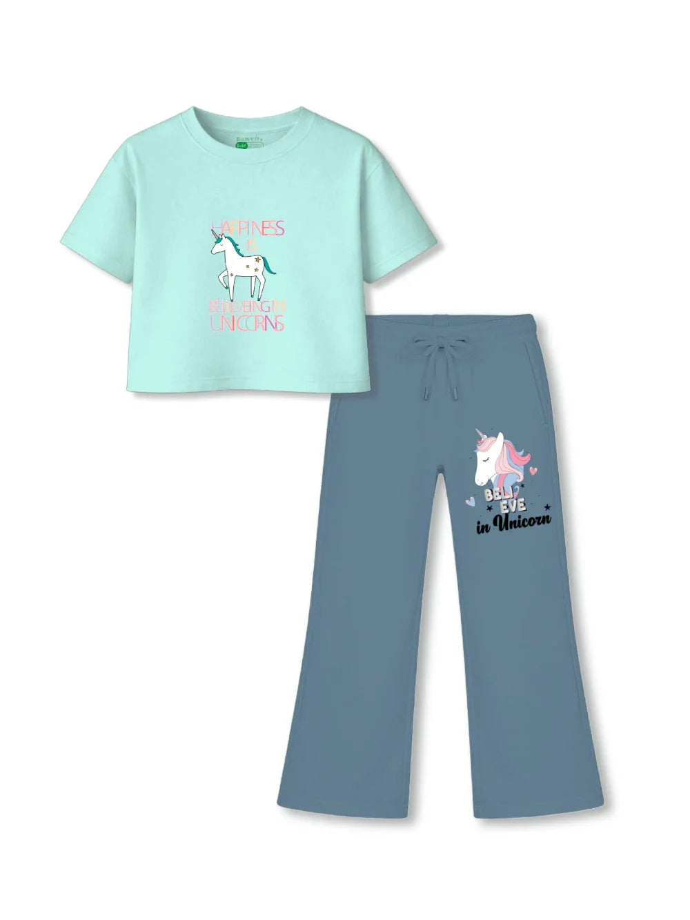 Unicorn Light Blue & Dusty Blue Girls Crop Set Size 3-4 Years Bamboo Cotton ‚ Bambify India