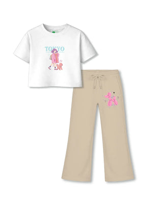 Tokyo White & Beige Girls Crop Set Size 3-4 Years Bamboo Cotton ‚ Bambify India
