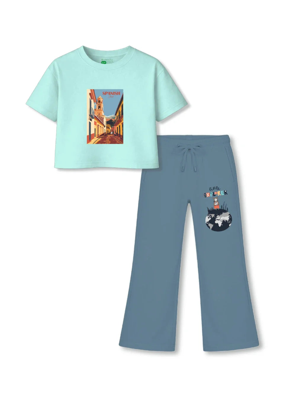 Spanish Light Blue & Dusty Blue Girls Crop Set Size 3-4 Years Bamboo Cotton ‚ Bambify India