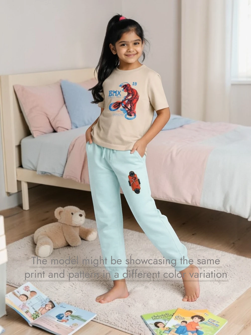 Bambify Quick Dry Active Wear Kids T-Shirt & Tracks Set ‚ BMX Racing Beige & Light Blue Bambify India Beige 9-10 Years bamboo cotton kids clothing India