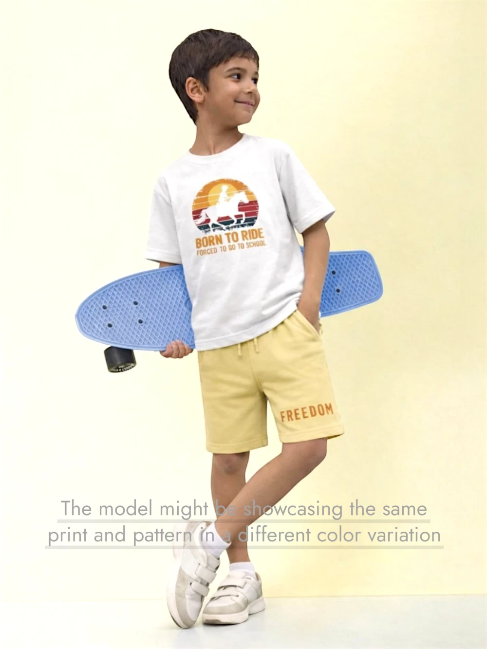 Bambify Kids Comfort Low Shoulder Shorts Set ‚ Born to Ride Beige & White Bamboo Cotton Bambify India Beige 9-10 Years bamboo cotton kids clothing India